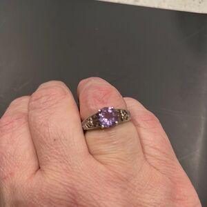 Vintage Sterling 9.25 Amethyst Ring Solitaire Marcasite Heart Band 1980-1990’s